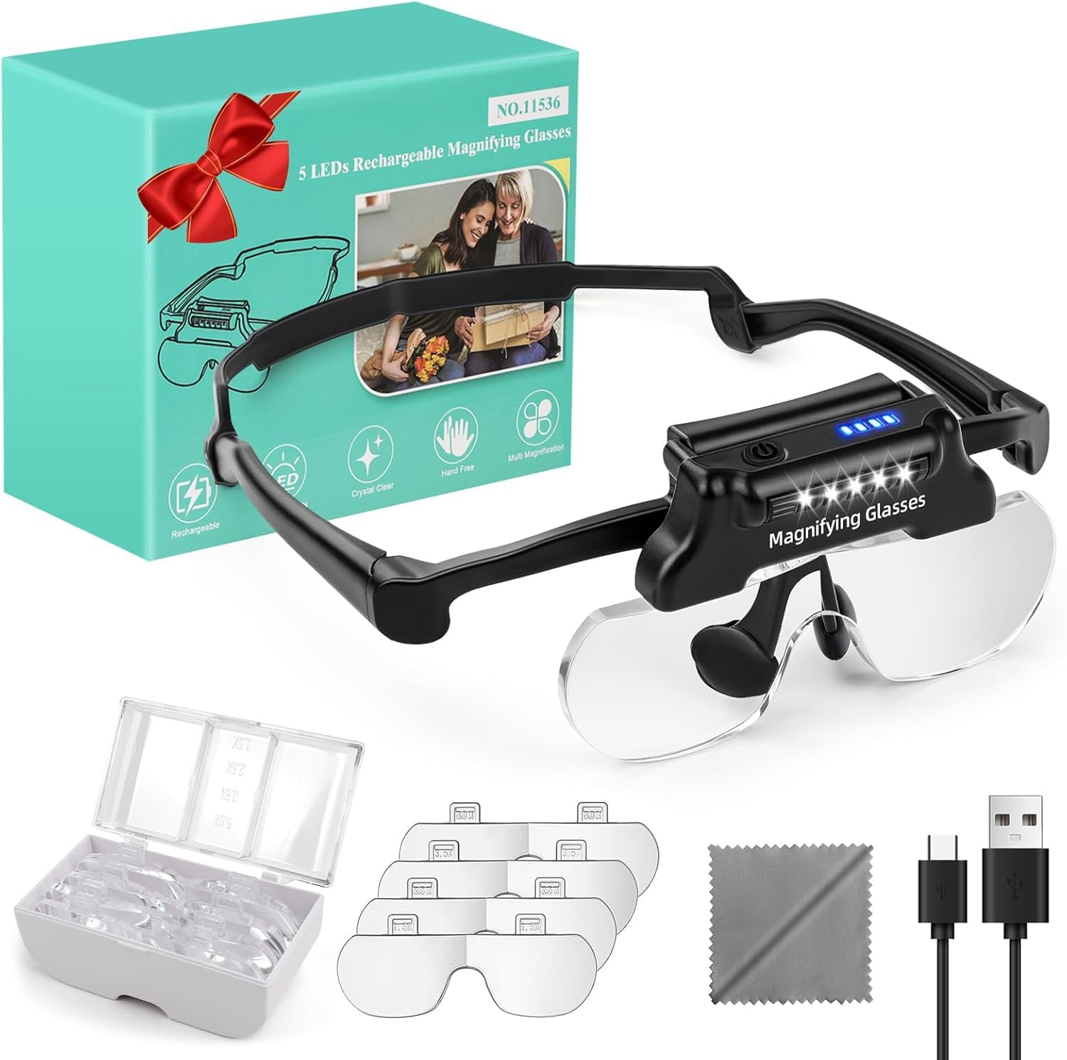 

Rechargeable Headband Magnifying Glass with Professional Loupe with Light for White Light, Hands-Free, 5x, 3.5x, 2.5x, 1.5x, Jeweler s Close-Up Work, чорний
