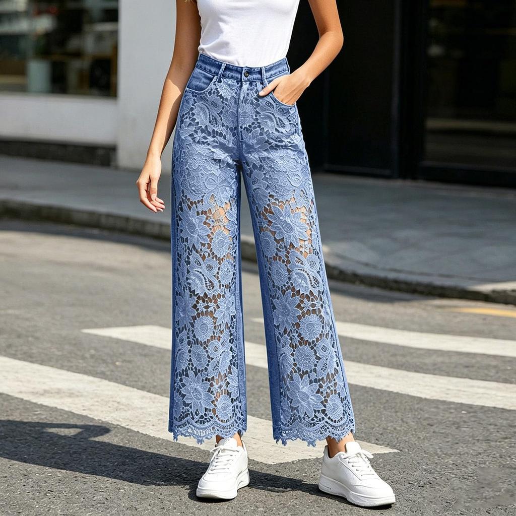 Jeans a Gamba Larga da Donna Pantaloni in Denim Elasticizzato a Vita Alta con Inserti in Pizzo Pantaloni Stile Patchwork Y2K