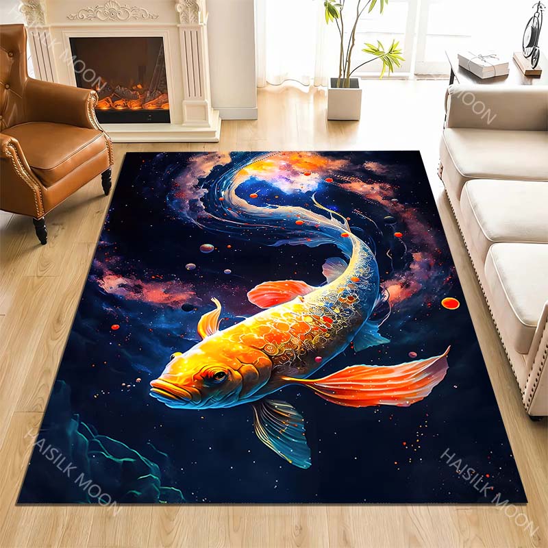 Golden koi in cosmic dream Print Carpet Rug for Living Room Bedroom Sofa Doormat Home Decor Non-slip Floor Mat