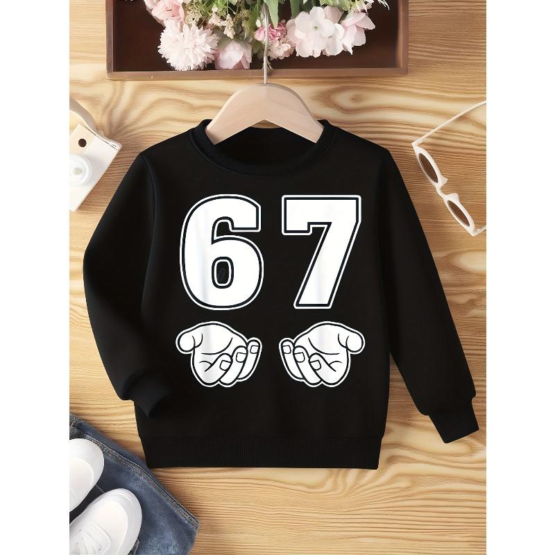 Kids Unisex Crewneck Sweatshirt, Simple White Outline 67 Number & Two Hand Cartoon Print Long Sleeve Pullover, Sweatshirt for Boys Girls Ages 4+ 110 чёрный
