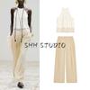 Vacation Style Back Slit Tops 3564123 Linen Blend Pleated Wide Leg Casual Trousers 3479848