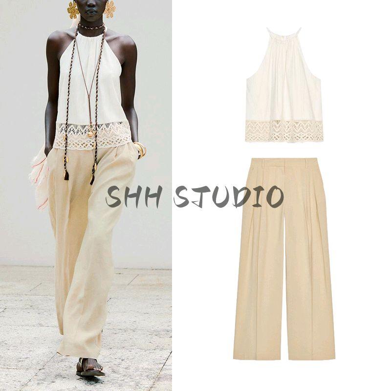 Vacation Style Back Slit Tops 3564123 Linen Blend Pleated Wide Leg Casual Trousers 3479848