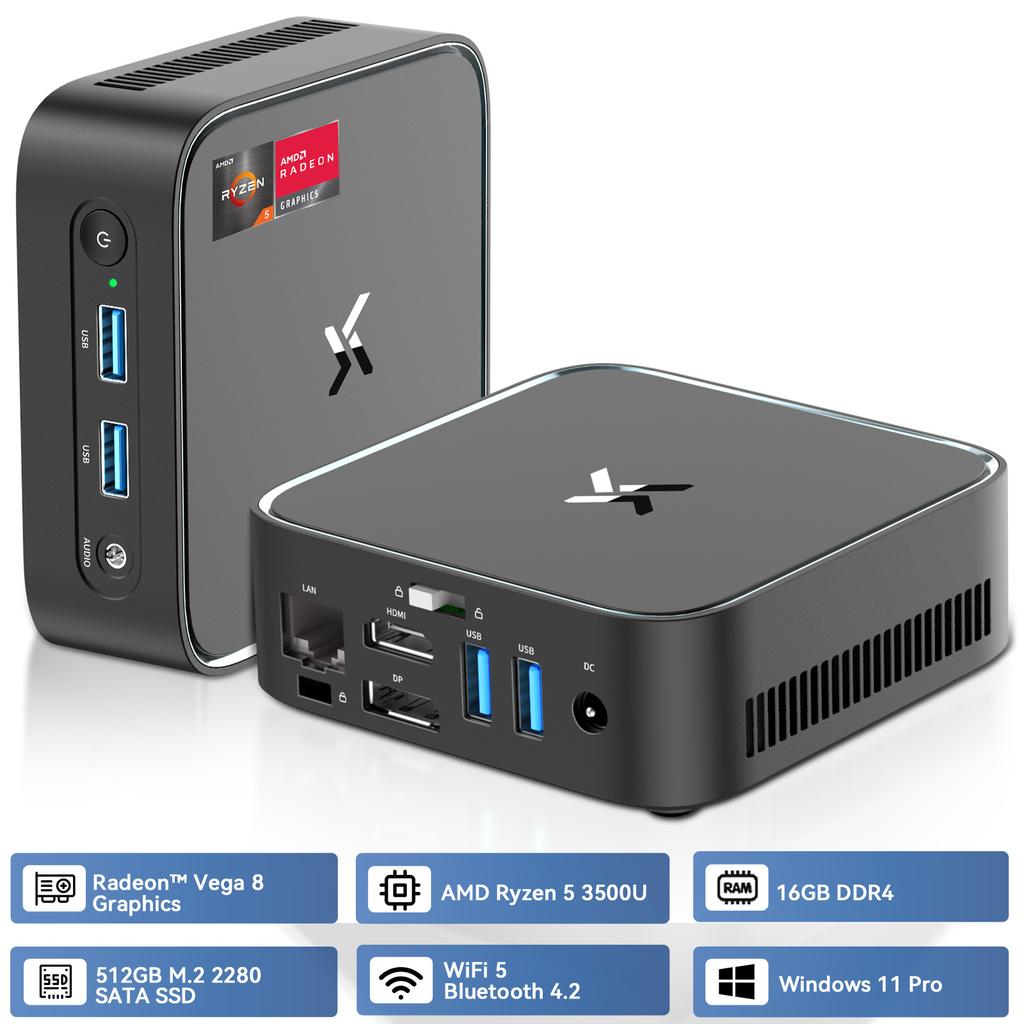 HUIDUN H80 3500U Avec Clavier QWERTY Mini PC avec AMD Ryzen™ 5 16 Go de RAM + 512 Go de SSD AMD Radeon™ RX Vega 8 Windows 11 Pro