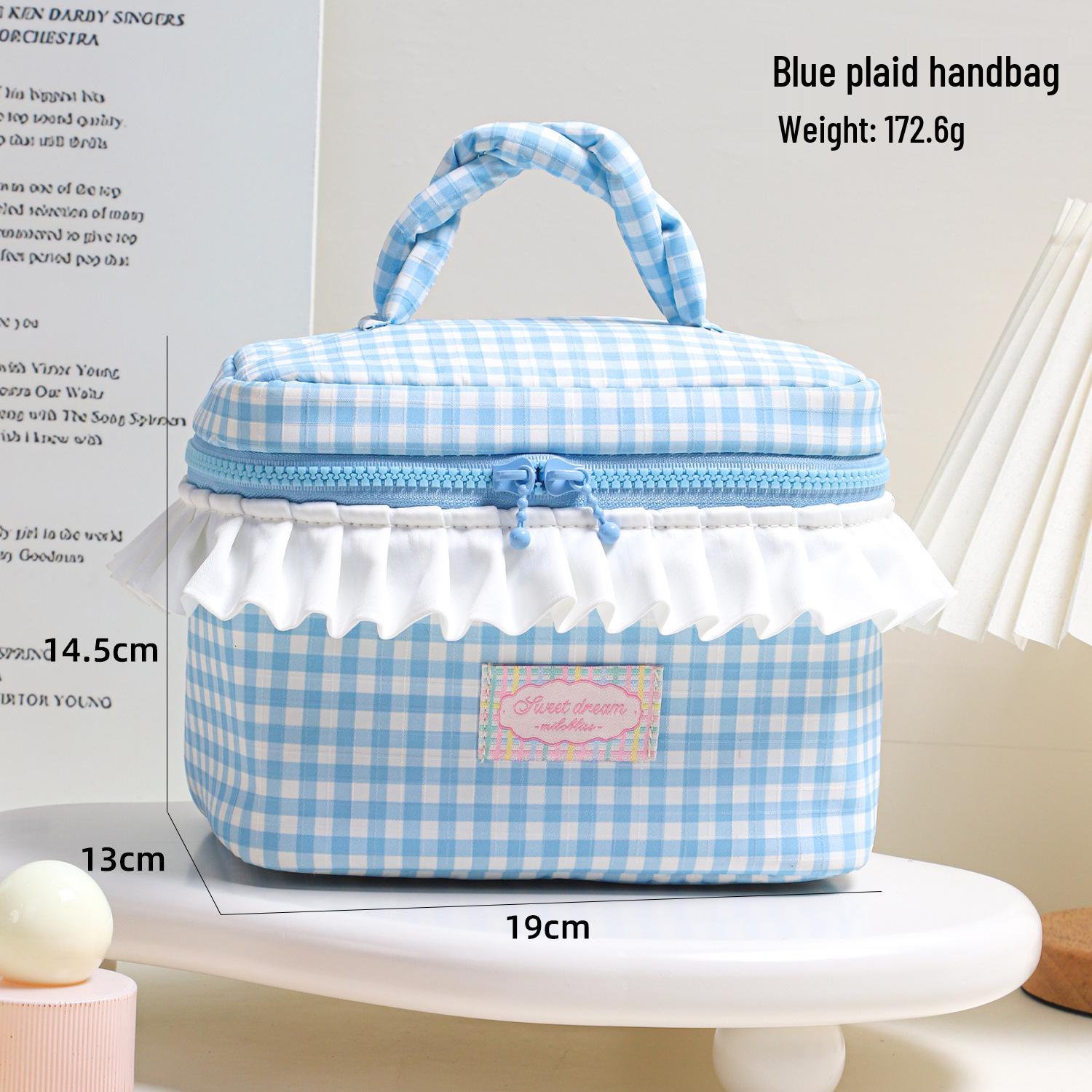 

Cable Knit Color Block Plaid Makeup & Toiletry Bag with Ruffle Trim - Large Capacity Handheld Design