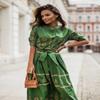 European and American Cross-Border New Short Sleeve Positioning Flower Linen Belt Mid-Length Shirt Dress