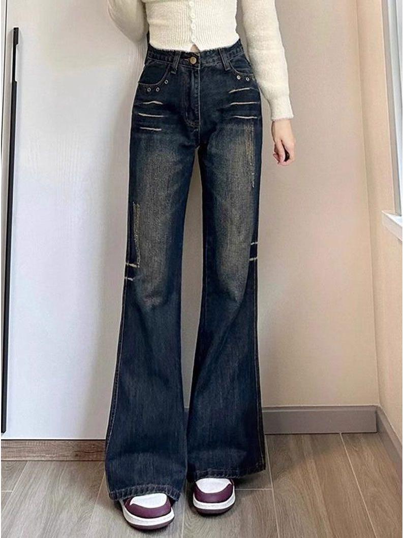 

Women s Retro Blue High-Waisted Micro-Flare Jeans - Petite, Slimming, Drapey, Floor-Length (Spring/Summer 2025) 2XL