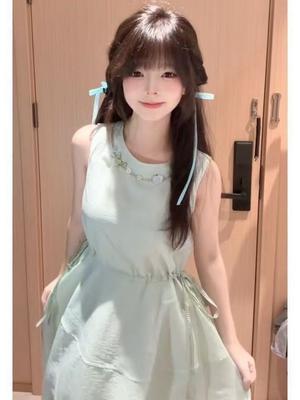 Mint Green Vest Dress Children Summer 2026 New Seaside Vacation Waist Thin Bud Dress