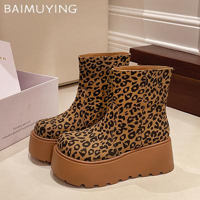 Leopard Platform Women Snow Ankle Boots Suede High Heels Shoes Woman 2025 Trend Winter Brand Goth Walking Motorcycle Botas Mujer