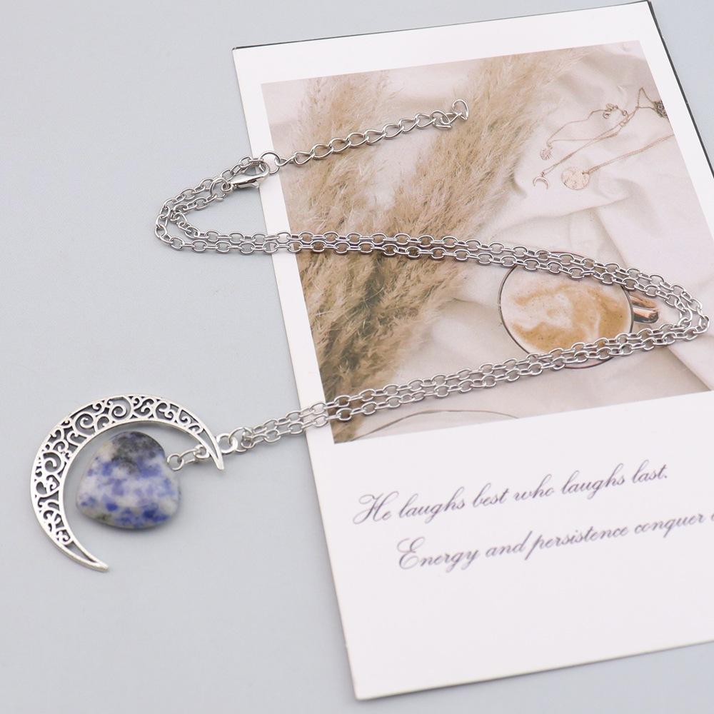 Natural Stone Crystal Amethyst Powder Crystal Moon Love Pendant Necklace Hollow Pendant Couple Necklace N164