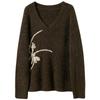Sancai Amber Frost New Chinese Style Embroidered V-Neck Knit Sweater