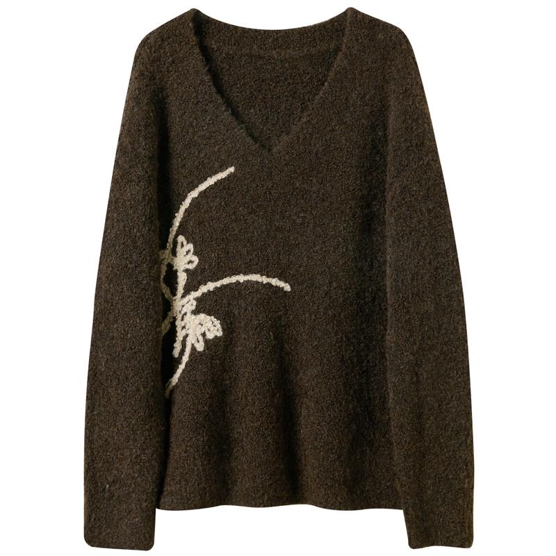 Sancai Amber Frost New Chinese Style Embroidered V-Neck Knit Sweater