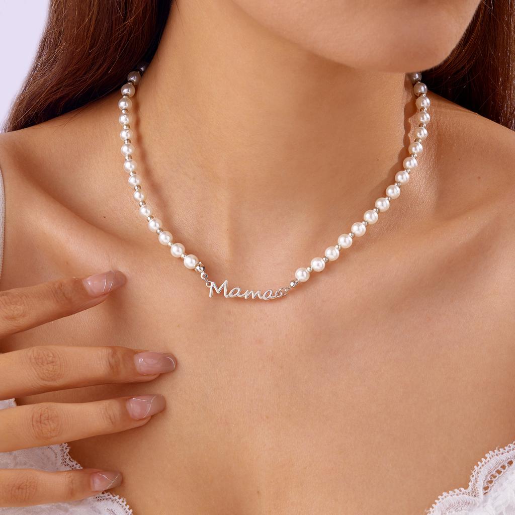 New Elegant Mother's Day Imitation Pearl Bracelet Charm Mama Letter Pendant Stainless Steel Bracelet for Women Jewelry Mom Gift