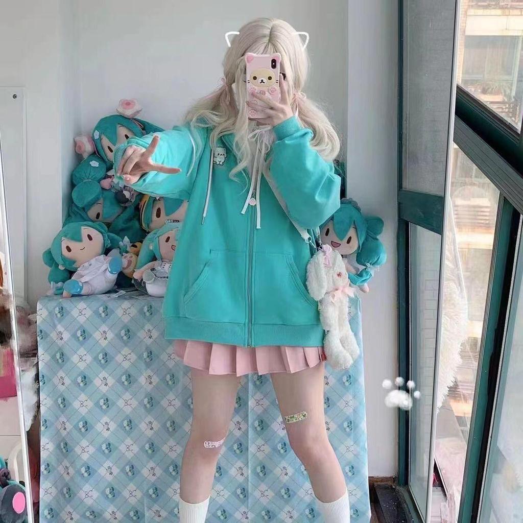 Harajuku Kawaii Y2k Style Hoodies Women Japanese Style Sweet Cat Ear Zip Up Oversized Sweatshirts Hooded Jacket