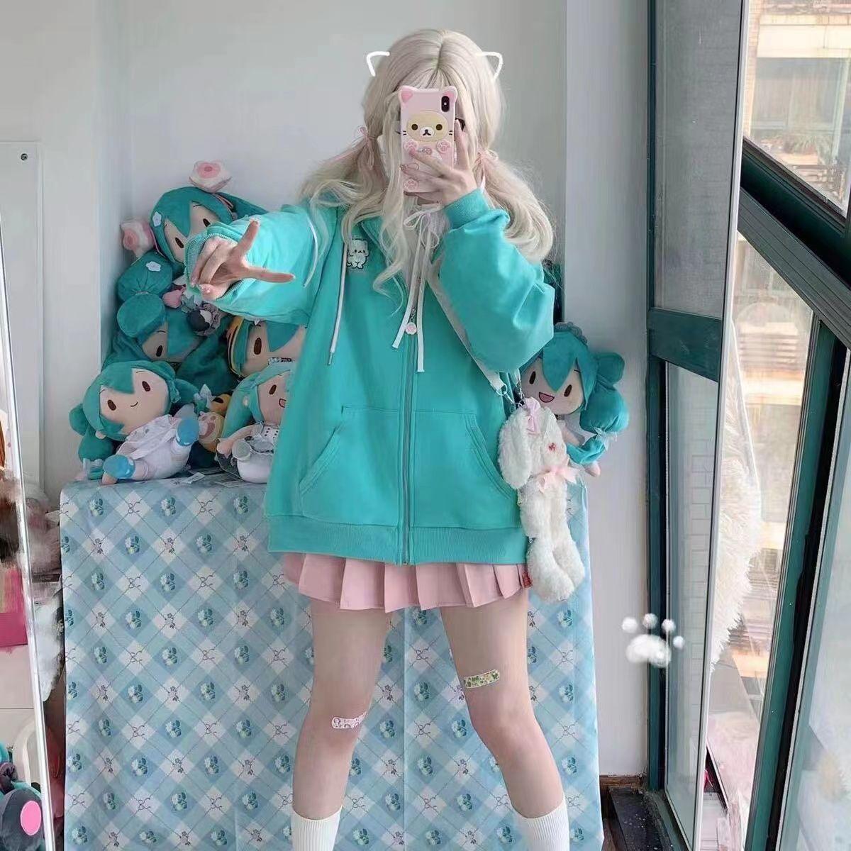 

Harajuku Kawaii Y2k Стильные толстовки для женщин японский стиль Sweet Cat Ear на молнии большие толстовки с капюшоном куртка S зелёный