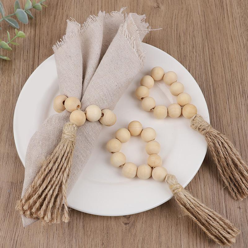 1/12Pcs Wooden Beads Napkin Rings with Tassels Rustic Wedding Table Napkin Holder Buckles Christmas Party Boho Home Decoration