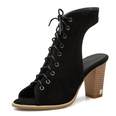 Brand Retro Women Sandals Flock Suede Peep Toe Chunky Heels 5cm Lace Up Big Size 48 49 50 Fashion Dating Female Shoes