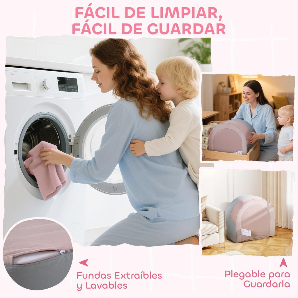Children's Sofa Convertible into Bed and Play Area with Crown Cushion 116x61x14 cm Pink and Greyish Blue