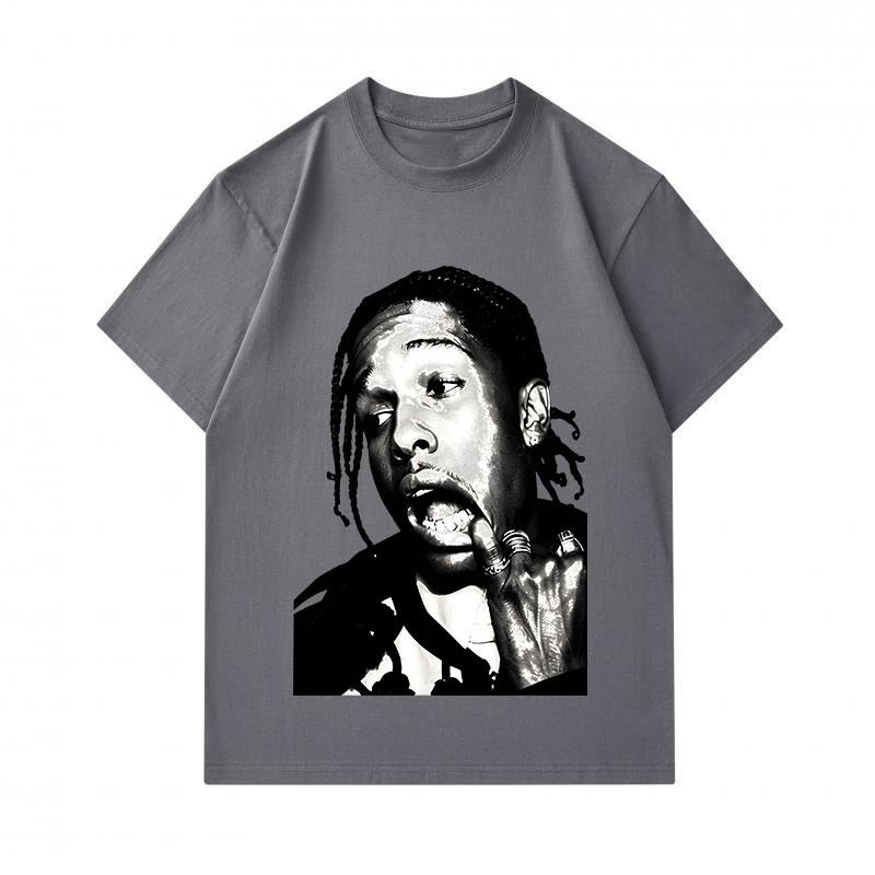 Men's 100% Cotton Crew Neck Short Sleeve T-Shirt, Stylish Rap Music Character Portrait Print Casual Comfortable Tee for Daily Street Wear