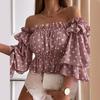 Off Shoulder Multi-layer Top Colorful Pleated Ladies Flare Sleeve Shirt for Dating