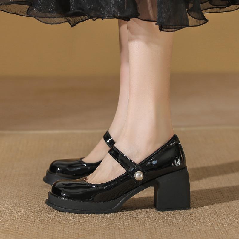 Spring and Summer New Mary Jane Small Leather Shoes Women's Thick Heels Light Mouth High Heels Black Single Shoes