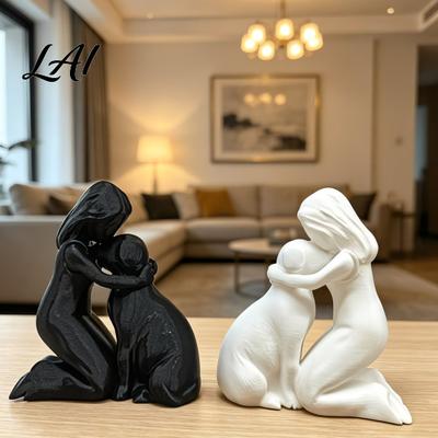 Durable 3D Printed Sculpture Girl with Dog Figurine Ornament Minimalist Squatting Pose Human Statue Sculpture Healing Pet & Decoration Gift