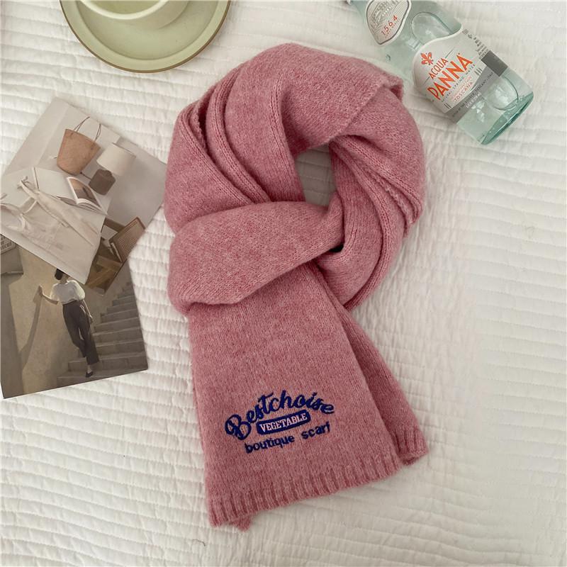 Korean Version Embroidered Bow Knitted Scarf Women's Autumn and Winter Warm Versatile Solid Color Wool Scarf Student Couple