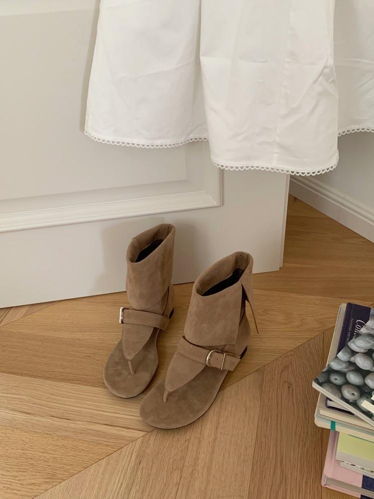 Vintage Suede Toe Roman Sandals Women'S Spring And Summer Spice Girls Cigarette Pipe Boots Herringbone Belt Buckle Flat Boots