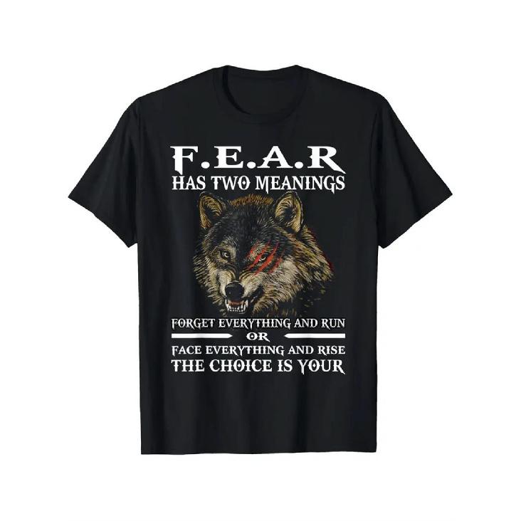 Men s FEAR Wolf Graphic T-Shirt - Bold FEAR Text & Wolf Design with Fierce Wolf Head & Sharp Teeth, Loose Fit Crew Neck, Soft Breathable Cotton, S чёрный