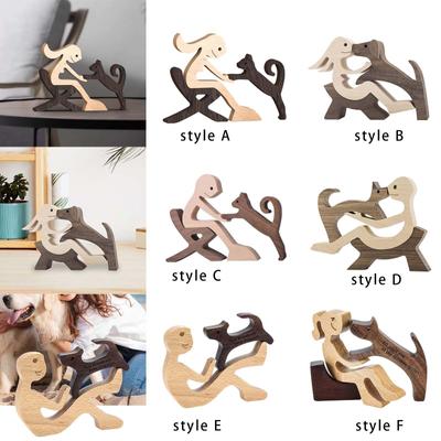 Sitting Woman and Dog Unique Gift Animal Sculptures Collection Wood Carved Collectible Figurines Tabletop Desk Shelf Decor