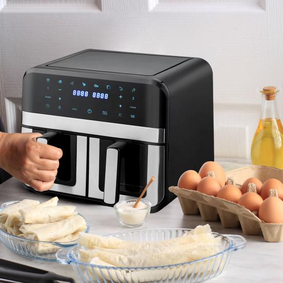 Friteuses à air chaud double zone avec fenêtre de visualisation Capacité 9L Double friteuse à air 2 tiroirs Écran tactile Fonction minuteur intelligent (EU Plug)