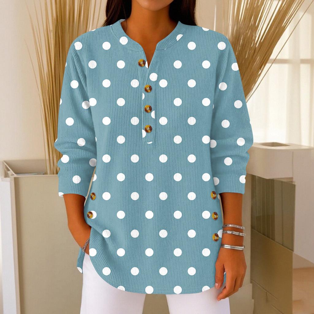 Women's Fashionable Button Collar Long-sleeved Christmas Print Pullover Top