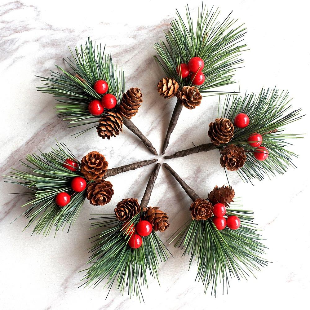 Christmas Pine Picks Artificial Red Berries Branches with Pinecone Stem for DIY Wreath  Navidad Party Decor Supplies