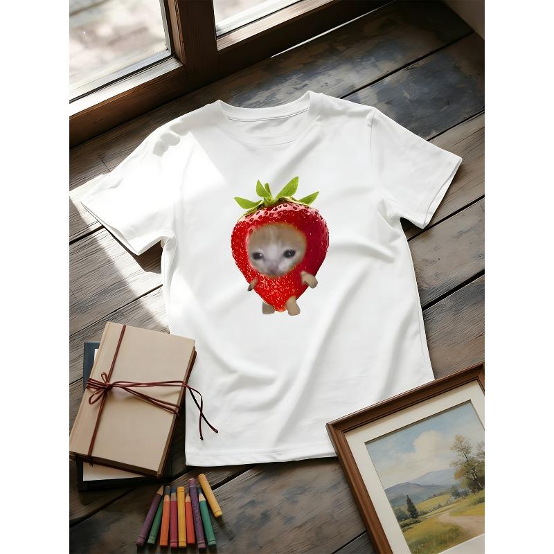 European sizes Boys  Teen T-Shirt, Fashion  Strawberry Kitten  Print T-Shirt, Suitable for Indoor and Outdoor Casual Play and Sports, Trendy Top 110 белый