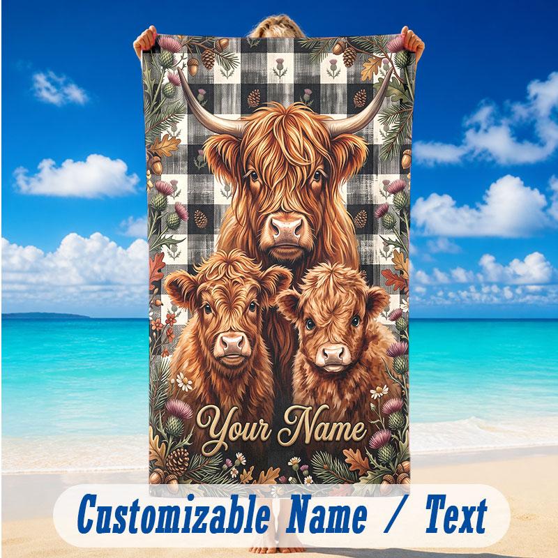 Cow Highland Theme Beach Towel Personalized Custom Name & Text Soft Quick Dry Beach Towel for Swimming Travel