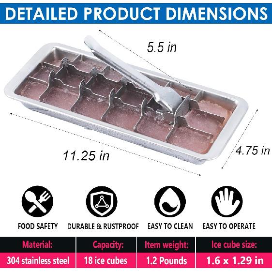 KAYCROWN 18/8 Stainless Steel Ice Cube Tray, 18 Slot Ice Tray with Easy Release Handle for Making Various Ice Cubes and Frozen Foods, Removable Slots