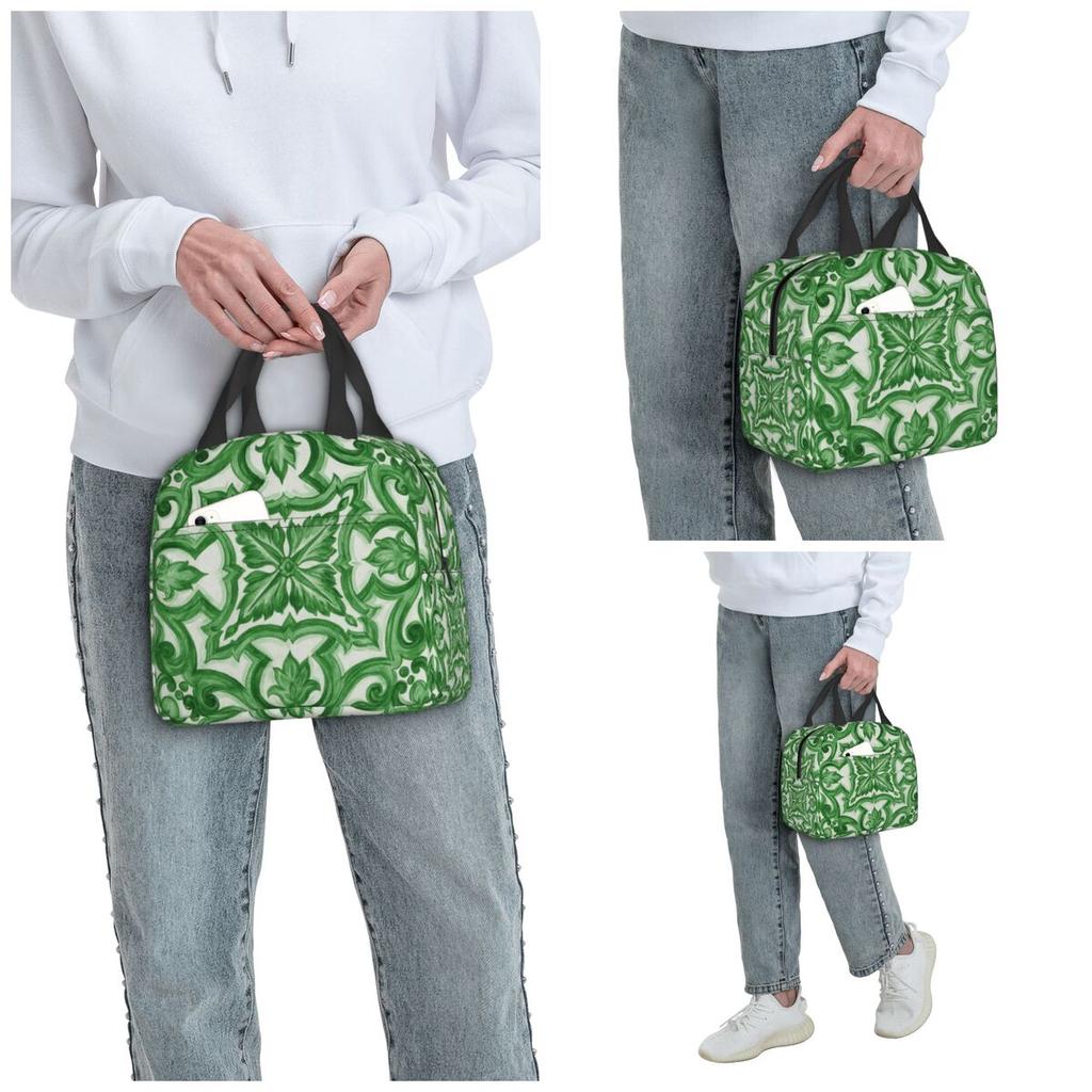Green Ornate Floral Mediterranean Sicilian Tile Insulated Lunch Bag for Women Office Cooler Thermal Food Box Tote Lunch Boxes