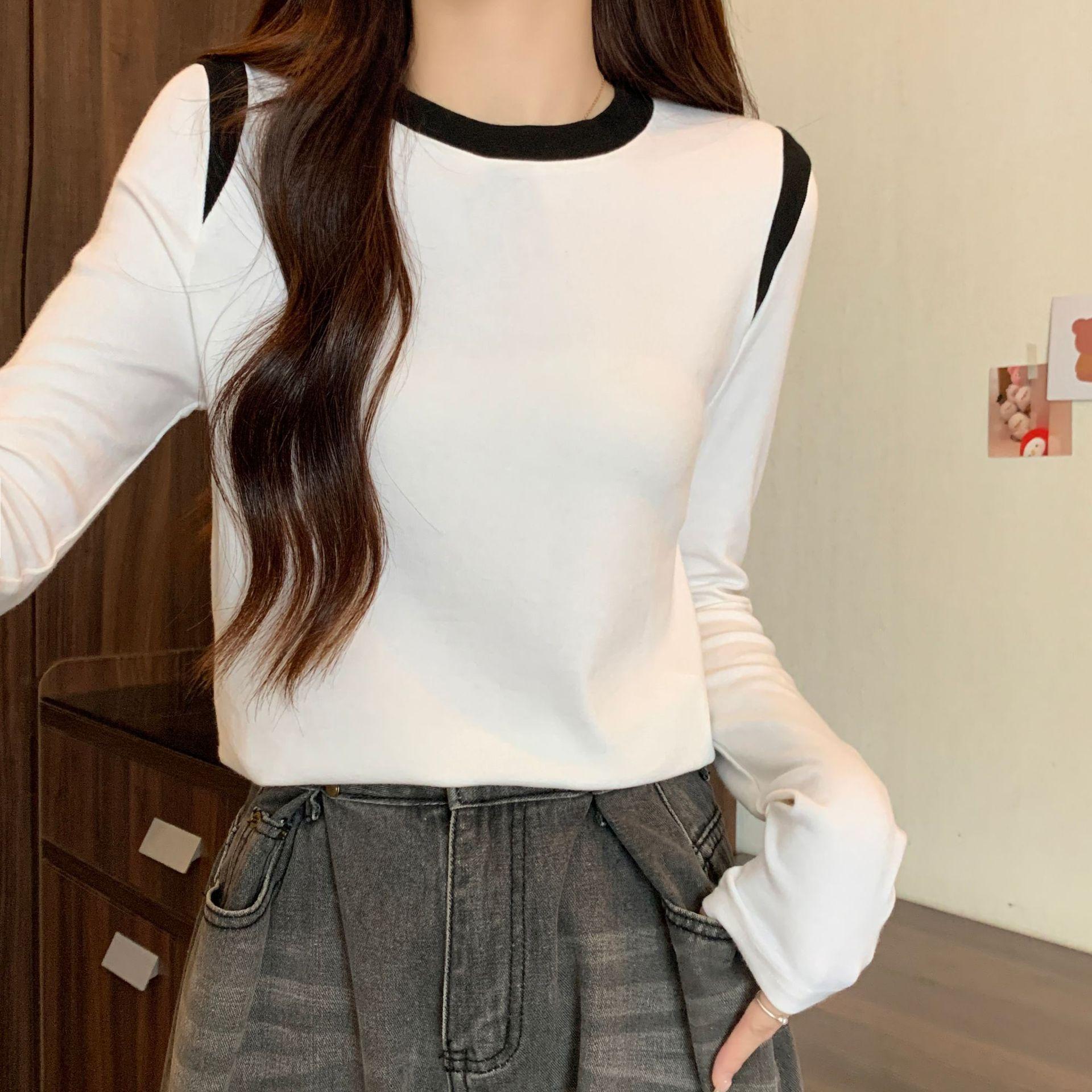 

New Spring Base Shirt American Contrasting Slim and Slim Top Versatile Round Neck Loose Inner Sleeves S