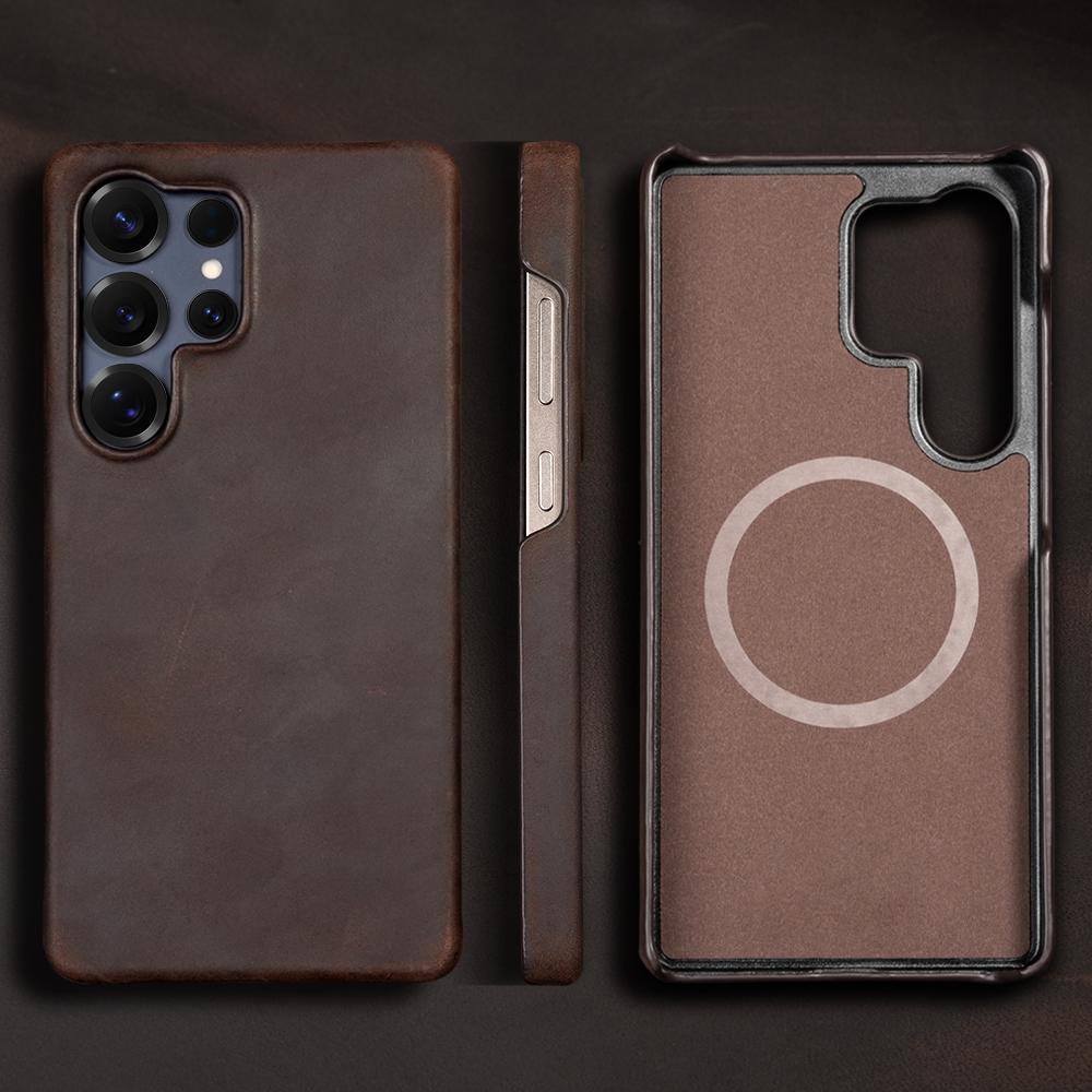 Retro for Magsafe Case for Samsung Galaxy S24 S25 Ultra Plus S25Ultra  Genuine PULL-UP Leather Magnetic Phone Back Cover