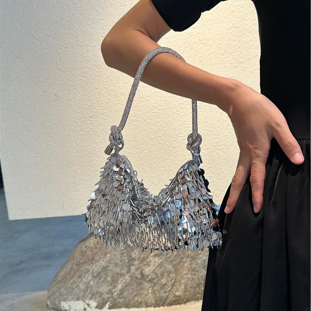 Retro Silver Sequin Bag with Glitter, Hand-held Crossbody Chain Shoulder Bag, Women's Small Bag, Dinner Bag