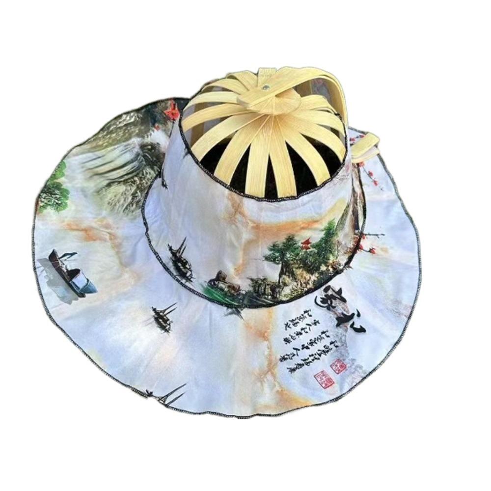 Floral Printed Fan Sun Hats Foldable Bamboo Sunscreen Cap Women Sunhat Folding Fan Hat  for Travel