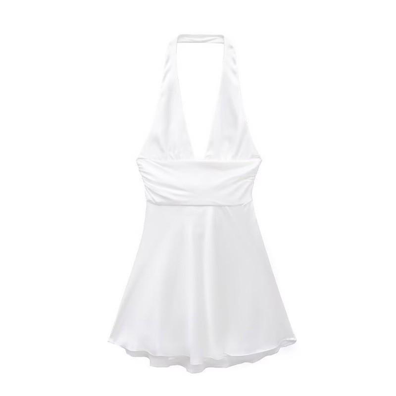 

European American Women s Clothing Summer Sexy Hanging Neck Backless Silk Satin Short Dress S белый