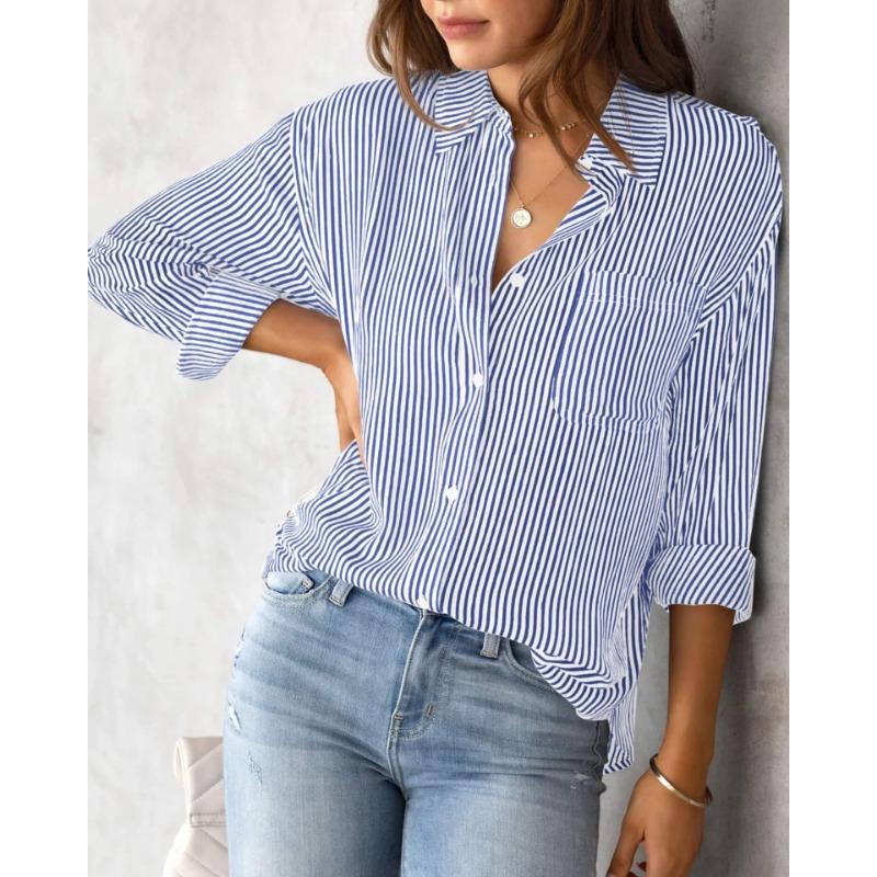 Women's Pocket Loose Top Long Sleeved Work Shirt Top