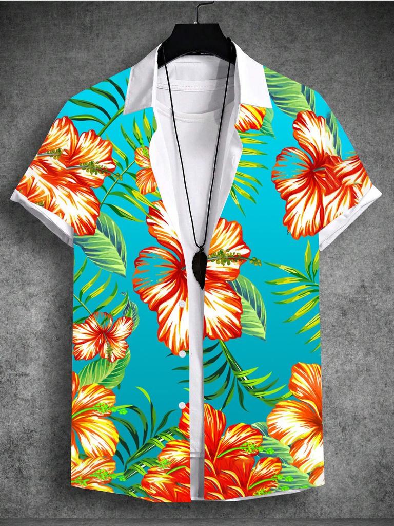 Summer 3d Print Men'sShirt Tropical Hawaiian Beach Vacation Plant Coconut Tree Short Sleeve T-Shirt 4-Way Stretch Fabric Shirt