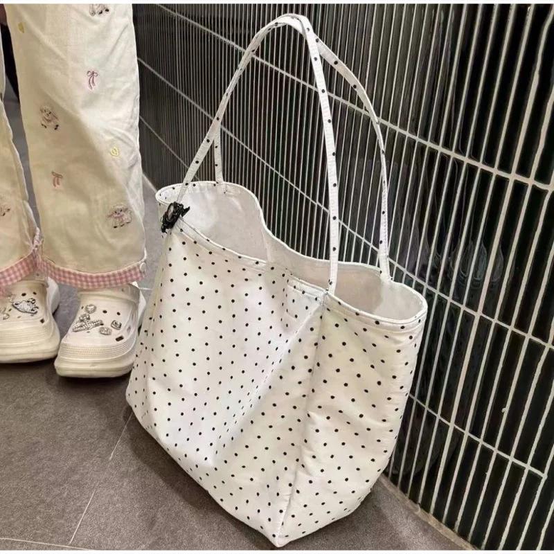 Women's Polka Dot Canvas Tote Bag Large Capacity Korean Style Casual Shoulder Bag Lightweight Student Handbag For School Commute
