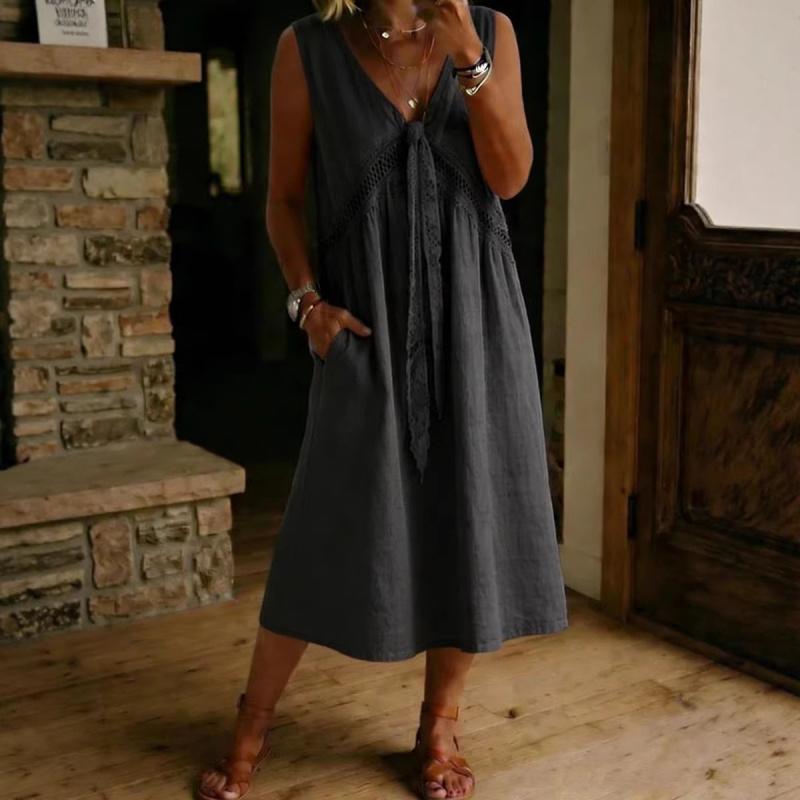 2026 New Women's Solid Color Lace Decorated Sleeveless Dress V-neck Casual Dress