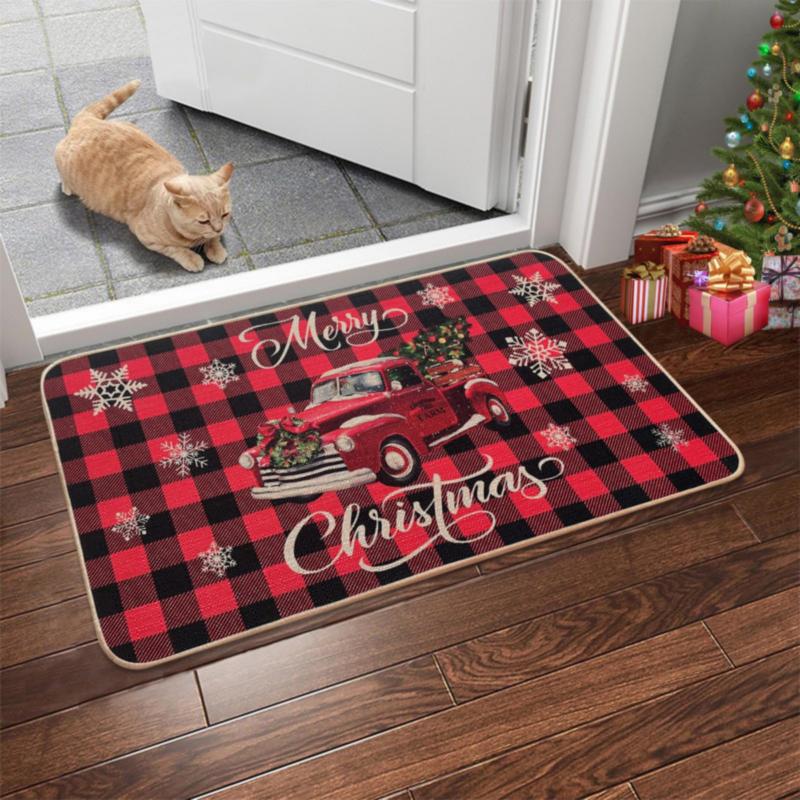 VIKAMA Winter Snowman Entry Doormat Plaid Scarf Snowflake Pattern Non Slip Mat For Porch Indoor Home Xmas Party Decoration