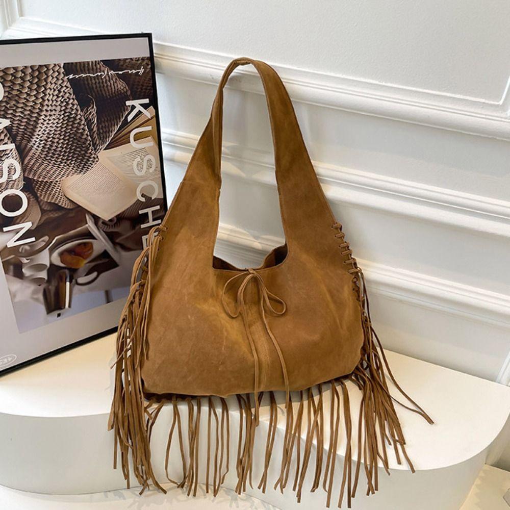 Solid Color Suede Handbag Tote Bag Underarm Packs Casual Tassel Shoulder Bag  Travel