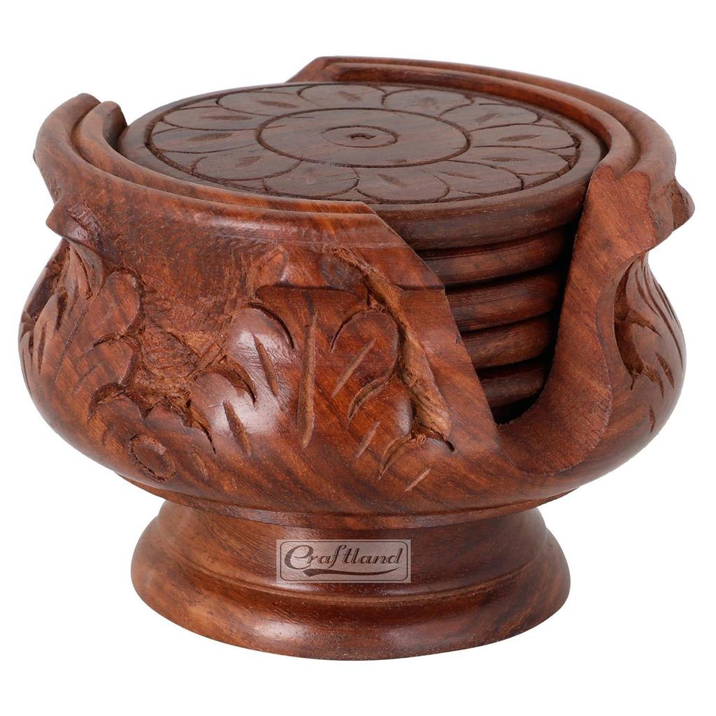 Wooden Handmade Carved Set of 6 with Decorative Holder Tabletop Coasters for Tea Coffee Cups Mugs Beer Cans Bar Glass Indian Handicrafts