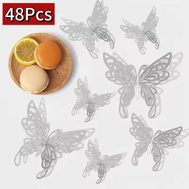 48pcs/lot Metal Inspired Hollow 3D Paper Butterfly Decorations for Parties, Festivals, Weddings, Birthdays, Wall Stickers