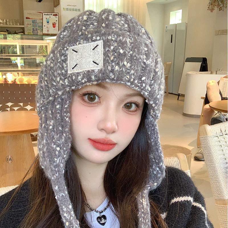 Cloth label wool hat women's winter thickened warm ear protection fashionable versatile cold-proof face small knitted hat